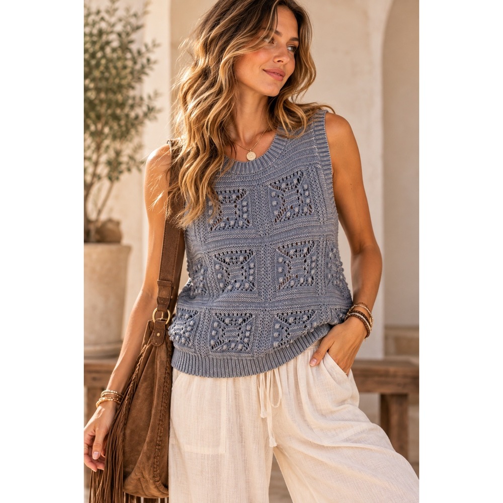 Lucky Brand Blue Cotton Pointelle Bobble Knit Sleeveless Sweater Vest Small